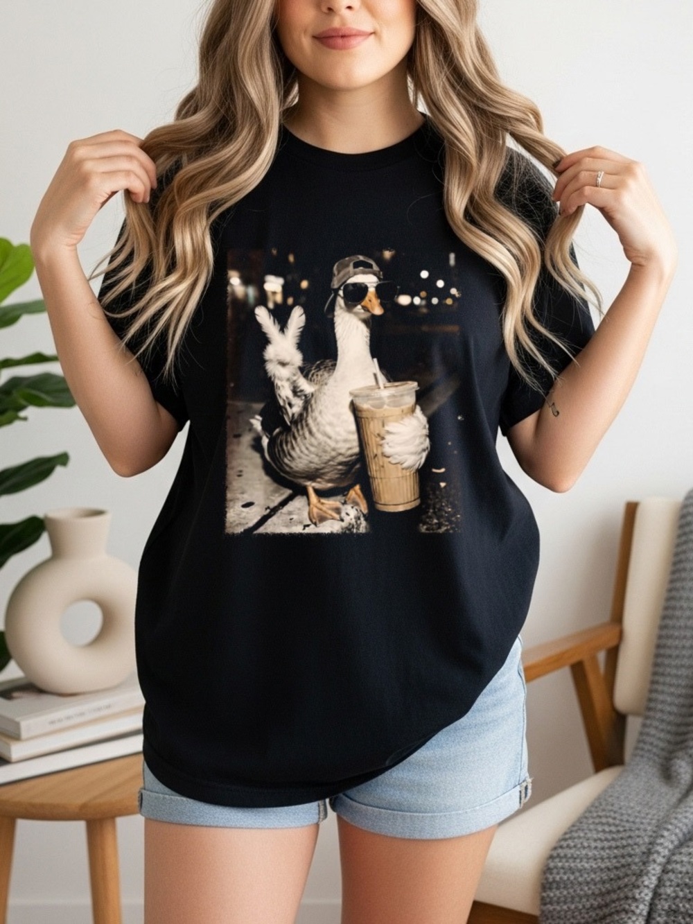 Comfort Colors Black Graphic Tee with Duck and Coffee Print